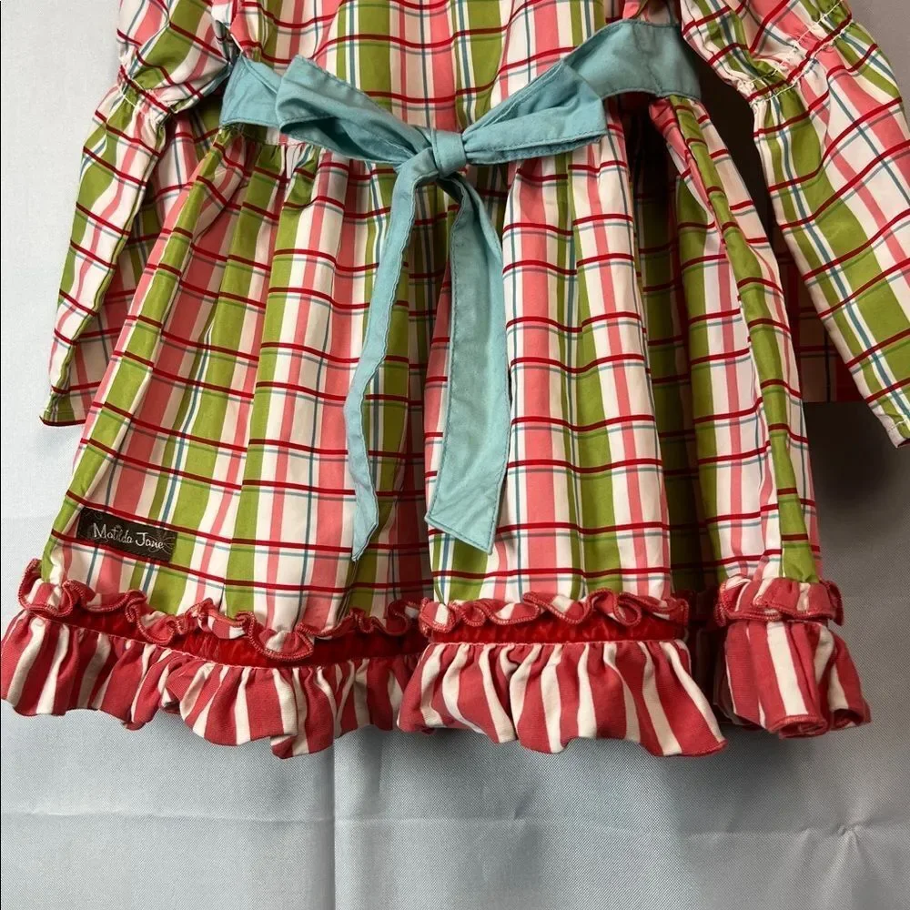 Matilda Jane Secret Fields green and pink plaid peasant top teal sash size 4